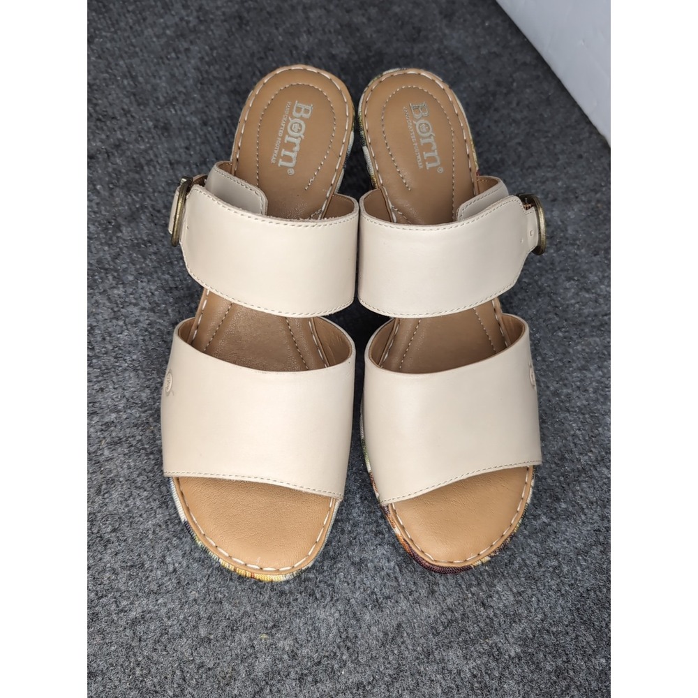 BORN Women's Wedge Sandals Size 10 M Floral Bottom VCJA22 Ivory Leather Slip On - Picture 2 of 11